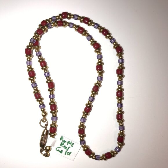 14" Long Red, Purple, and Gold Beaded Necklace - Picture 2 of 12
